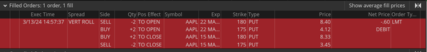 ThinkorSwim Filled Orders screenshot. | March 13 Rollout Trade